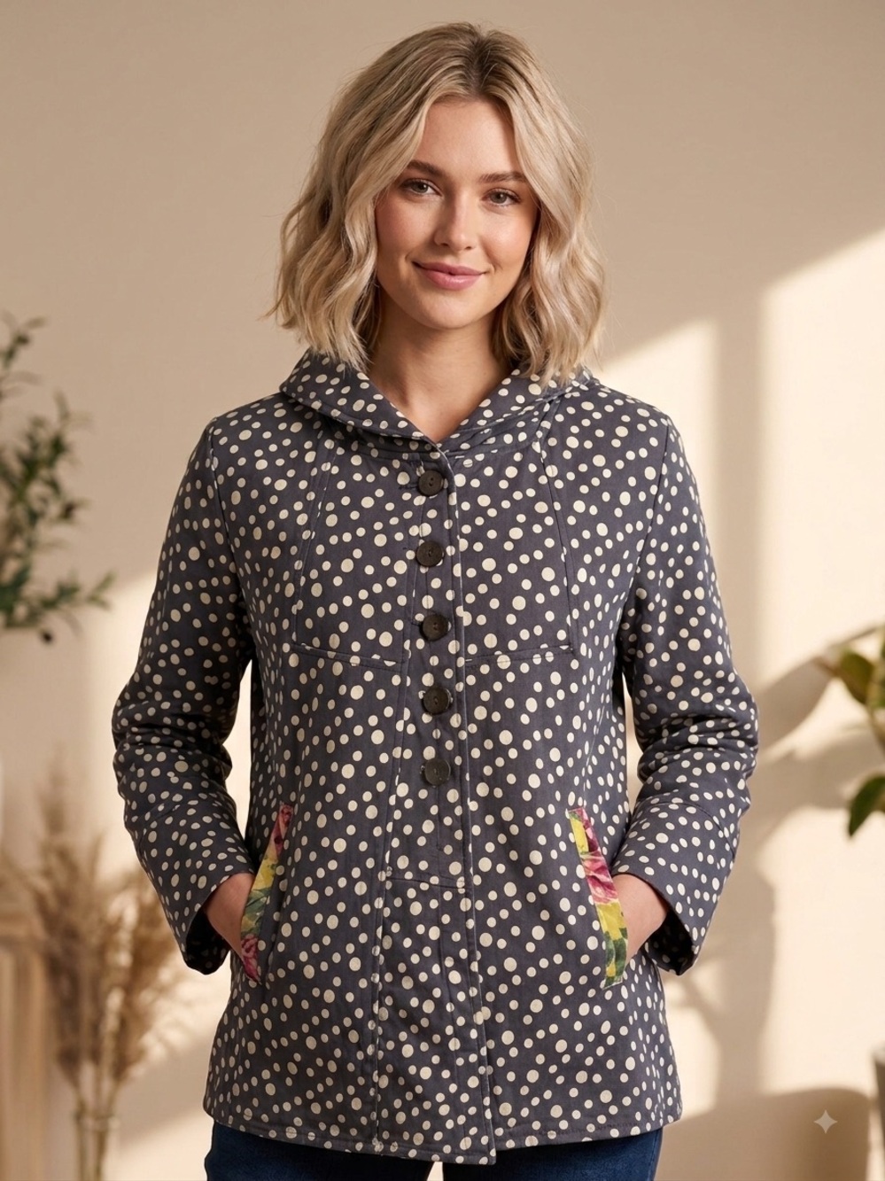 Sydney Twill Jacket Dots with floral accents & pockets by Little Journeys Chicag
